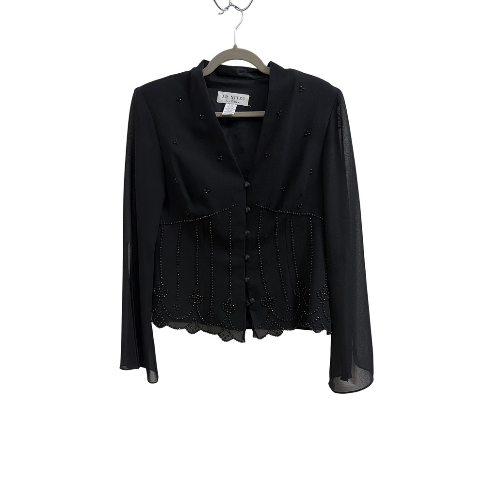 J.R. Nites by Caliendo Black Beaded Blouse Y2K Fairy Goth Sheer Bell Sleeve Top